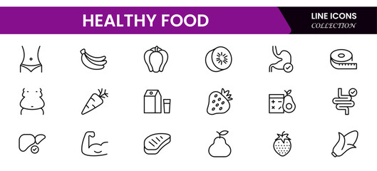 Nutrition set of web icons in line style. Healthy food linear icon collection. Containing food, vegetables, water, palm oil free, сaunt calories, zero trans fat, probiotics and more.
