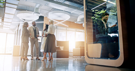 Lobby, pod and business people in office talking for collaboration, teamwork or discussion....