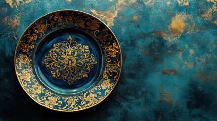 Naklejka premium A Thai tile plate with royal blue and golden accents on a soft, cloud-like gradient background