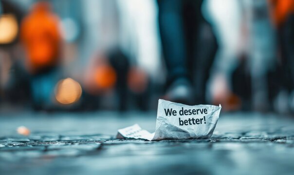A crumpled paper with the words 'We deserve better!' symbolizes demands for social change and equality.
