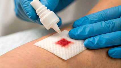 wound care products antiseptic Medical professional applying antiseptic to a wound on a patient's arm.