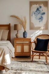 A styled bedroom view with a balanced mix of earthy tones, a textured blue headboard, and soft textiles, creating a cozy and inviting atmosphere.