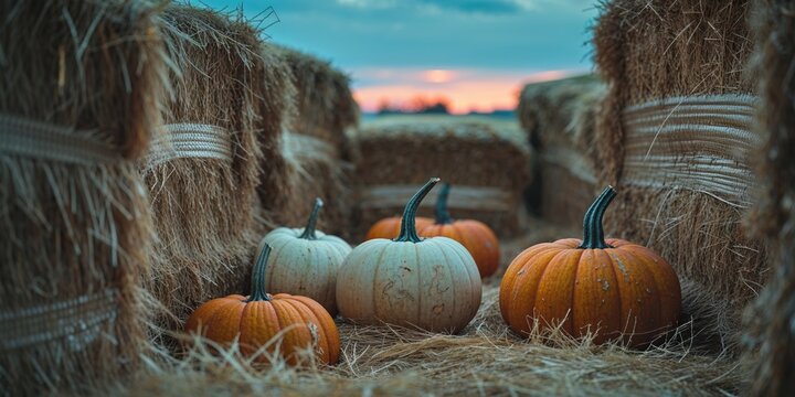 Pumpkins in Hay Bales at Dusk Creating a Harvest Time Feel.