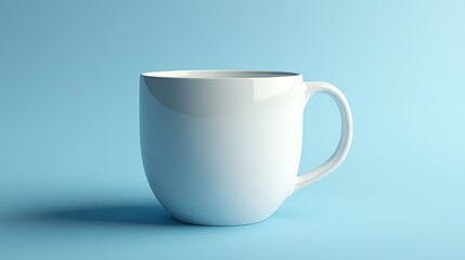 Fototapeta premium A plain white ceramic cup with a glossy finish on a solid light blue background, full view, realistic lighting and shadow.