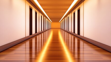 Obraz premium A serene corridor with glowing lights and polished wooden floors leading to an illuminated end