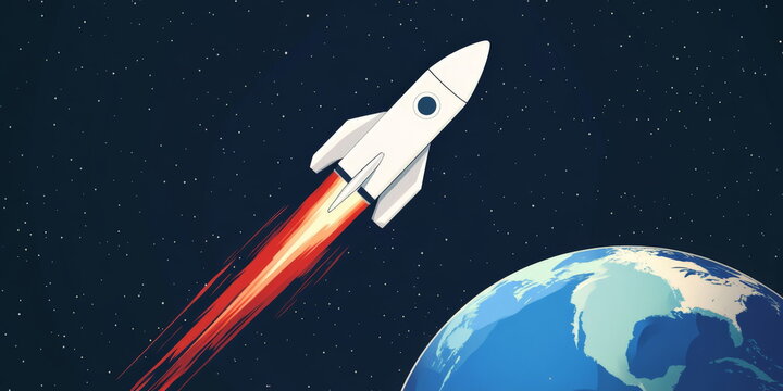 A white rocket is flying towards the Earth