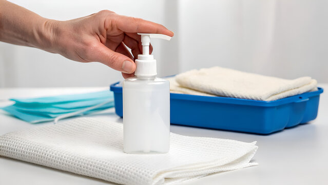 wound care products antiseptic A hand holding a pump bottle over a towel, with cleaning supplies in the background.