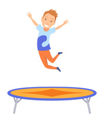 Children jumping trampoline. Kid jumping icon. Child activities design element. Indoor or outdoor fun, fitness jumping. Acrobatic and gymnastic exercises. Vector illustration