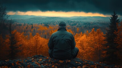 Obraz premium A person sitting and looking at a beautiful fall landscape
