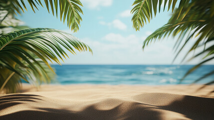 Beach sand texture, framed by palm leaves, ocean backdrop.  Showcase for summer, vacation, or travel themes. Free space for text.