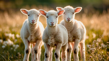 Obraz premium Cute little lamb on green meadow. Baby lamb walking on pasture, on green grass with flowers. Little farm animals