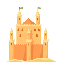 Fototapeta premium Sand castle. Kids fortress constructions. Sandy stronghold with wall and tower. Summer beach games to build sandy palaces or citadel. Vector cartoon illustration of beach sculptures