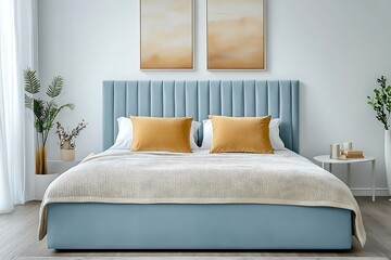 Fototapeta premium A composition of cozy and tactile bedroom details, emphasizing the harmonious balance of color, texture, and sculptural decor.