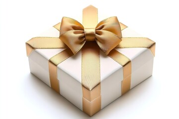 Fototapeta premium Isolated on a white background is a white present box with a golden ribbon bow. Generative Ai