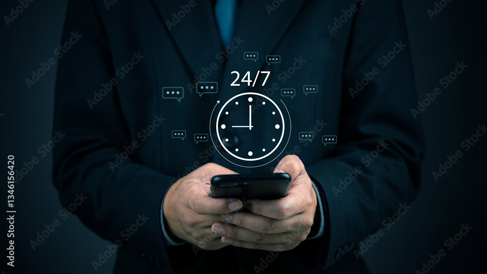 Poster 24/7 customer service concept, with a professional using a phone and chat icons to connect with clie