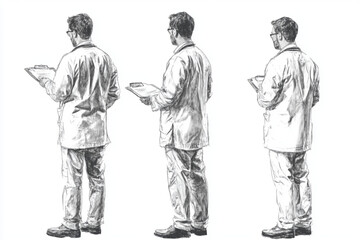 Three doctors in lab coats holding clipboards drawing