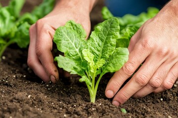 Sustainable food systems concept. A gardener's hands nurture a young leafy green plant, showcasing the beauty of planting and growth in rich, dark soil.