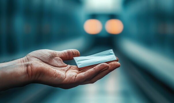 A hand extends, presenting a small sugar packet at a bustling train station platform.