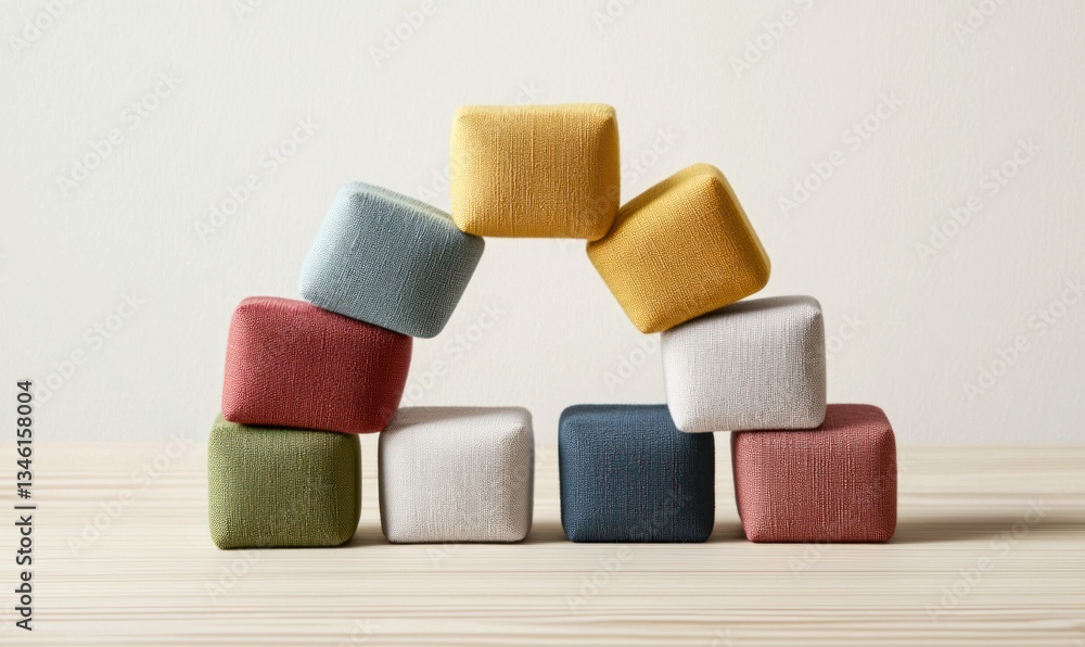 Poster a playful archway is built from colorful textured cubes stacked carefully on a light wood surface.