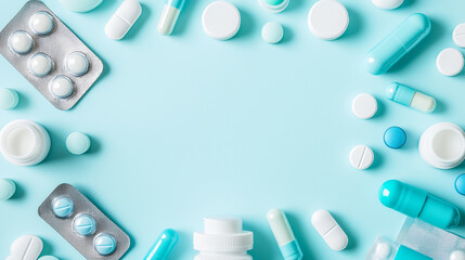 Assorted pills and capsules arranged on a light blue surface in a health and wellness context