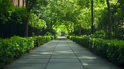 Long Pathway Lined With Green Trees And Bushes Under Sunny Daylight In Urban Environment