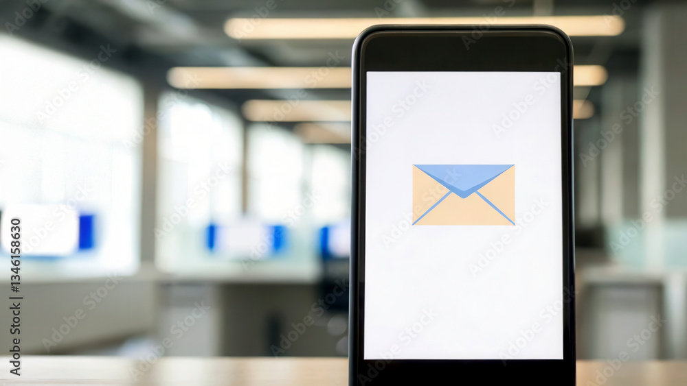 Poster cyber security network data loss concept. smartphone displaying an email icon against a modern offic