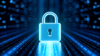 Cyber security network data loss concept. Digital lock symbolizing security with blue abstract background of data streams.