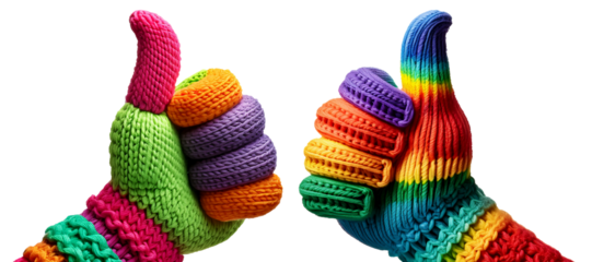 Extreme close-up of a knitted or crocheted fabric hand with thumb up. Isolated on transparent or white background, png. Collection and variation. Hand raised in a gesture of positivity. Generative Ai.