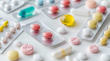 Assorted pills and capsules arranged on a table in a pharmacy
