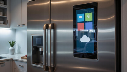 Smart refrigerator with touchscreen interface in modern kitchen  