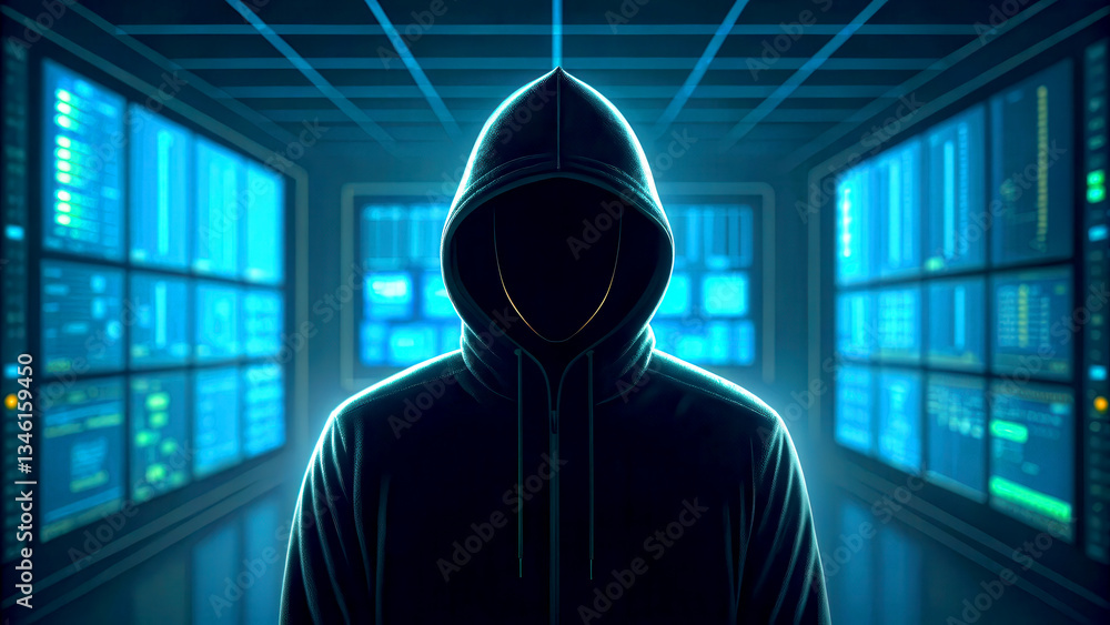 Poster cyber security network data loss concept. mysterious figure in a hoodie stands in a high-tech enviro