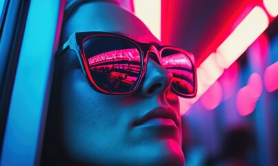 Person with sunglasses reflects a neon-lit crowd for a stylish and edgy fashion statement.