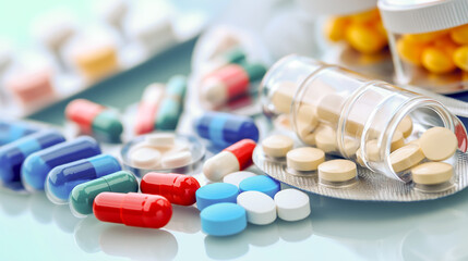 Collection of assorted capsules and tablets scattered on a surface with containers in a well-lit background