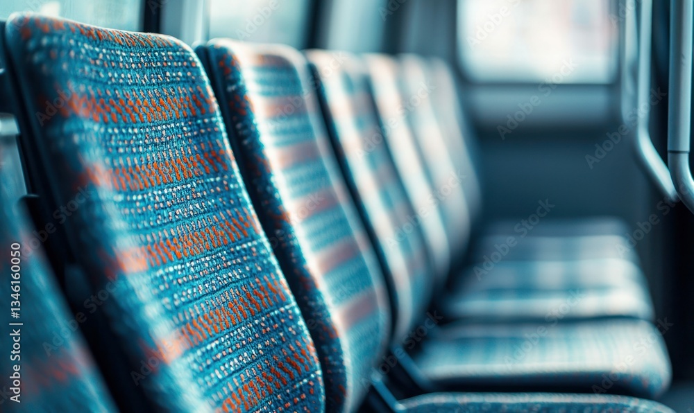 Poster patterned seats create a rhythmic pattern in the empty interior of an urban bus.