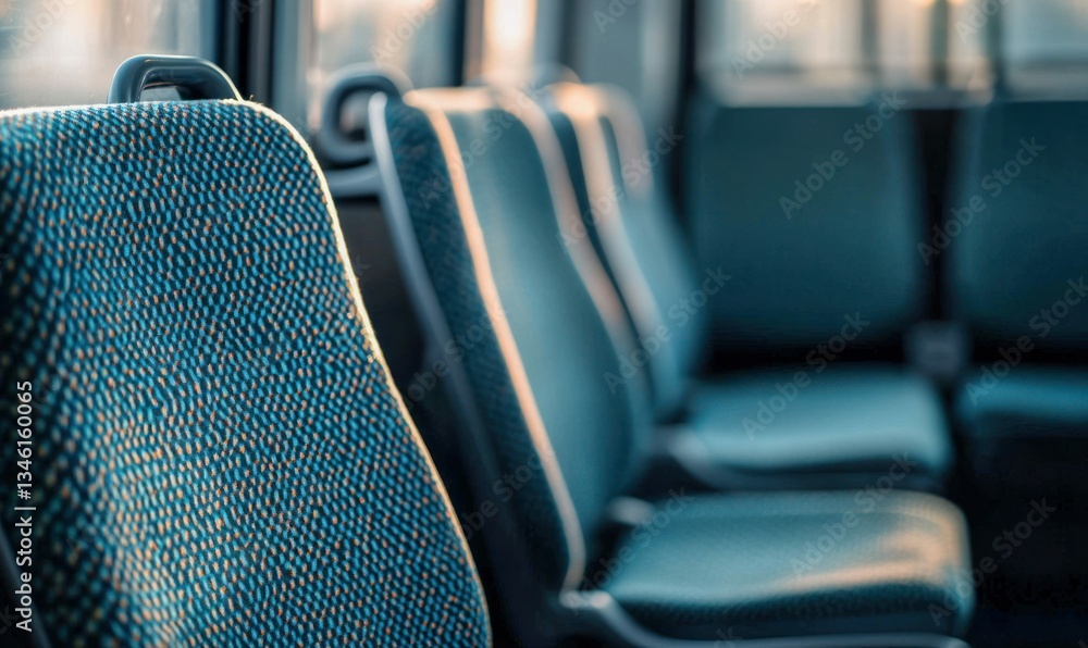 Poster a row of empty blue bus seats are illuminated by soft sunlight creating a tranquil scene.