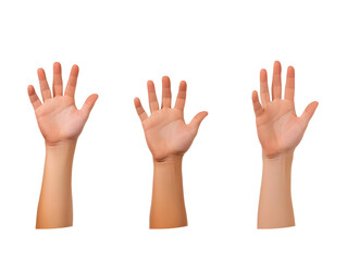 Isolated Transparent Background Photo of Three Human Hands and Arms Showing Skin Fingers and Body Reaching Up Representing Gesture with Transparent Background