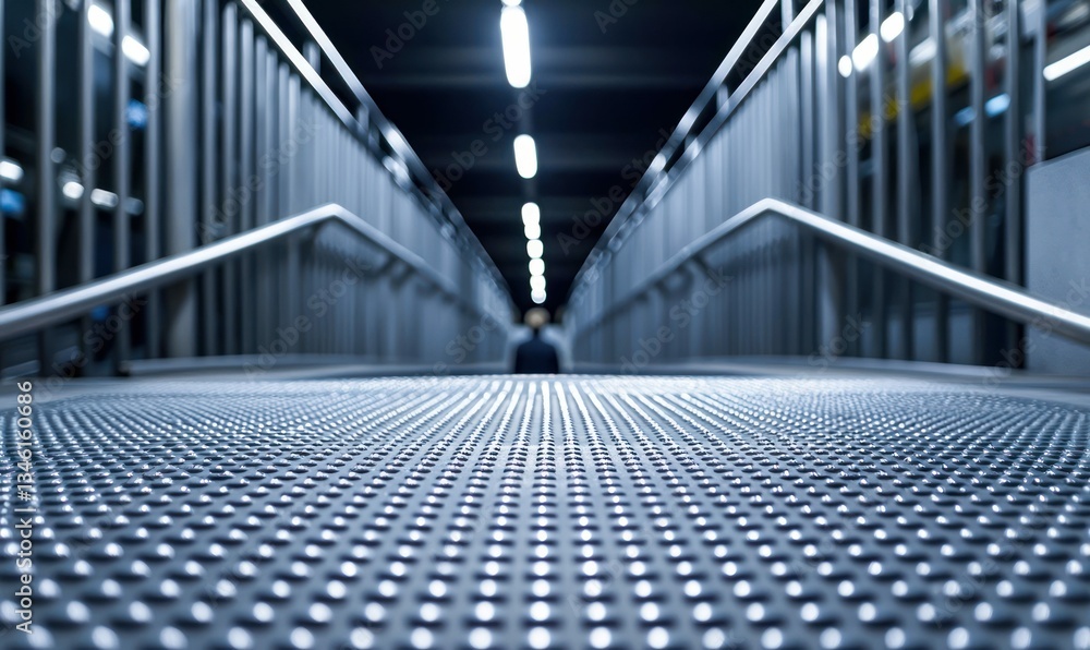 Poster an empty steel bridge with symmetric railings creates a strong sense of perspective and depth.