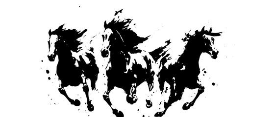 Illustration of three horses running in Chinese ink painting style on white background