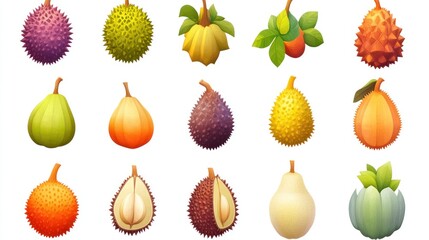 Collection of exotic fruits; various shapes, colors, and textures.