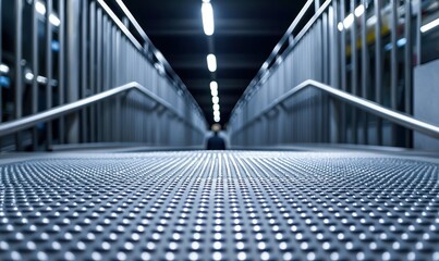 Obraz premium An empty steel bridge with symmetric railings creates a strong sense of perspective and depth.