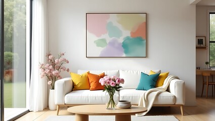 Bright Minimalist Living Room with Vibrant Throw Pillows and White Sofa
