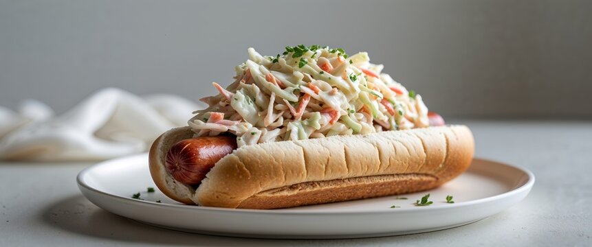 Delicious hot dog topped with creamy coleslaw on a plate showcasing fresh ingredients and culinary delight for food lovers.