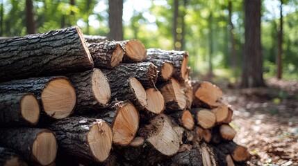 a pile of chopped wood in a fores, Generative AI