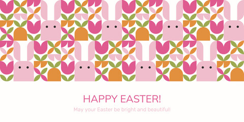 Happy Easter horizontal banner, poster, flyer template with cute Easter bunnies and flowers in geometric style.