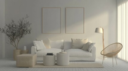 Interior furniture set 3D render. Living room house floor template background mockup design, isolated on transparent background