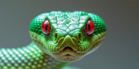 Fototapeta premium A close up of a green snake with red eyes.