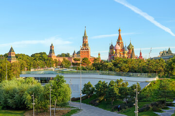 Green landscape of Zaryadye Park with a tranquil escape in the heart of Moscow, framed by the iconic Kremlin skyline and historic Red Square