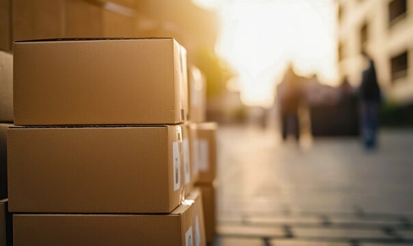 A neatly stacked pile of cardboard boxes awaits delivery on the street, ready for shipment.