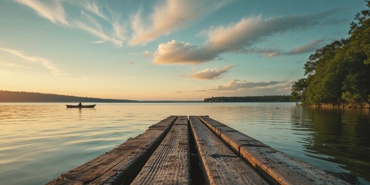 The beautiful sunset over the lake and its wooden pier.