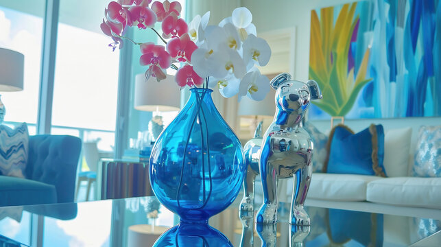Modern decorative setup with vibrant flowers, a balloon dog sculpture, white sofa and design blue lamp. - Powered by Adobe
